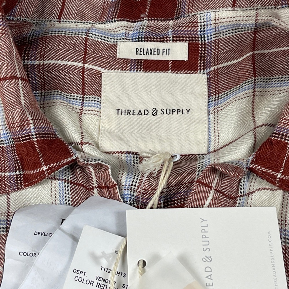 Thread & Supply Relaxed Fit Plaid Button Down Shirt Red Cream Blue S Layering - Picture 2 of 8